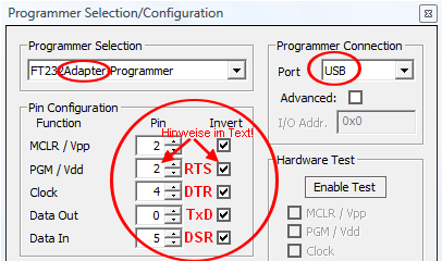 PicPgm Einstellungen fr den
Adapter